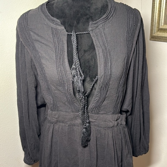 MNG black tie up front Roman dollman sleeves elastic waist Boho dress Sz L - Picture 5 of 15